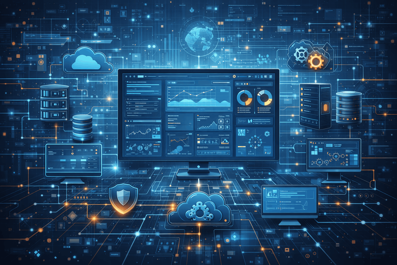 Conceptual diagram of a software architecture showing multiple enterprise system integrations
